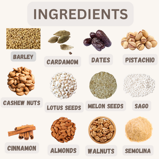 Talbina ingredients by Blessed Bites – natural barley porridge mix with barley, cardamom, dates, pistachio, cashew nuts, lotus seeds, melon seeds, sago, cinnamon, almonds, walnuts, and semolina.