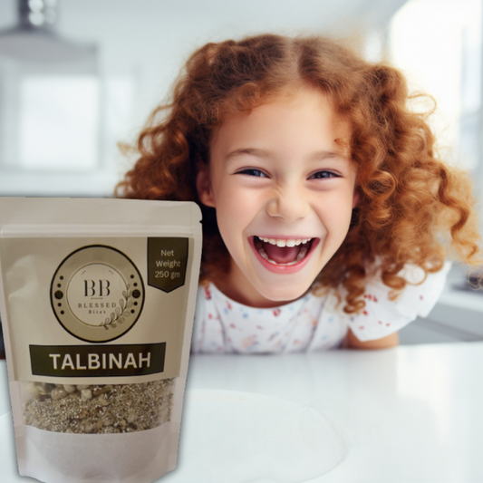 A kid showing a talbinah package